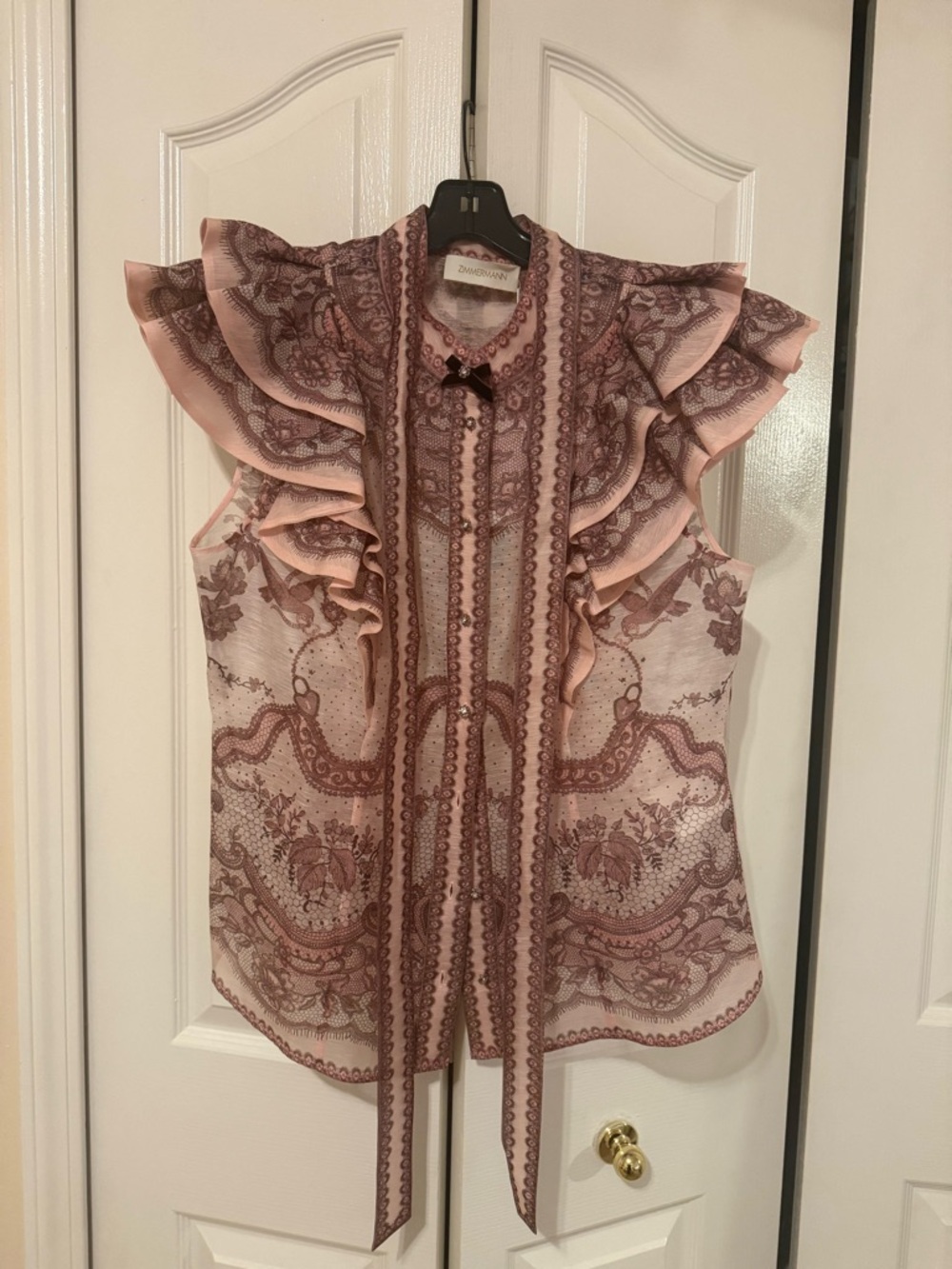 Zimmermann Pink Paisley Ruffle Tie-Neck Blouse
